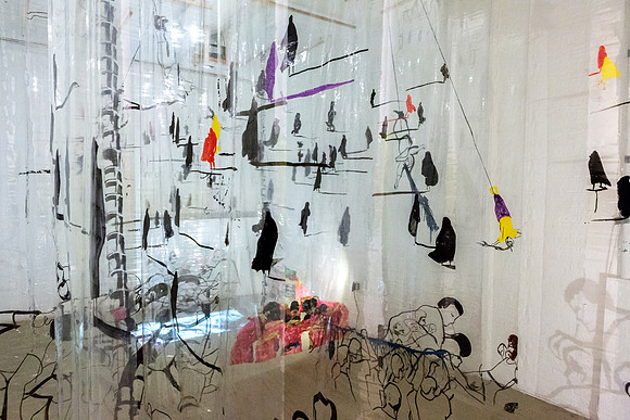Airtime II, painted PVC sheets, video and sound works